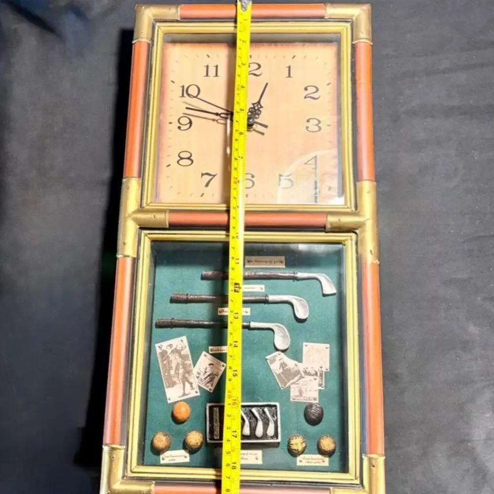 Vintage Looking Shadowbox Wood And Brass Accent Clock History Of Golf. 19
